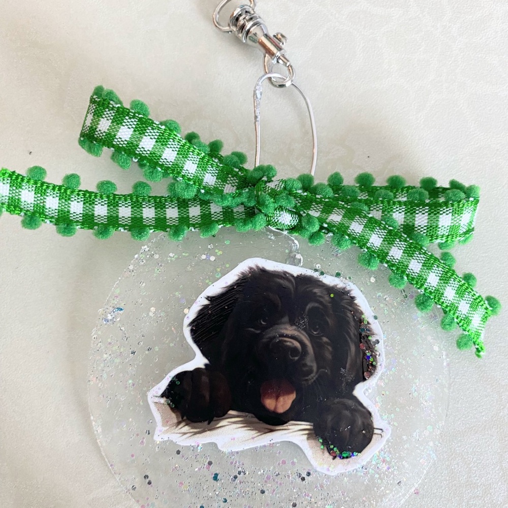 Newfoundland Dog Purse Charm Keychain Charm with Green Ribbon